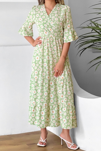 summer new 2 colors floral batch printing inelastic trumpet sleeve v-neck ruffle swing stylish holiday maxi dress