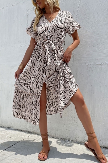 summer new two colors inelastic leopard printing ruffle single-breasted with belt split casual midi dress