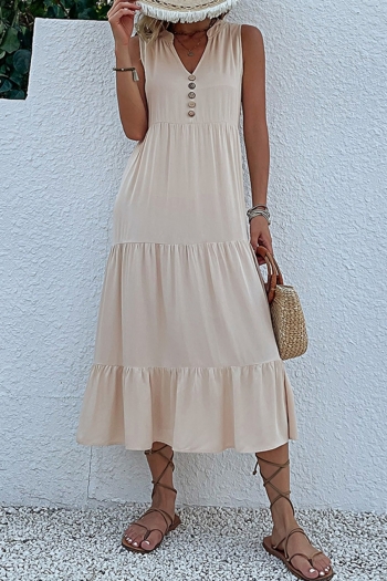 summer new stylish inelastic solid color single-breasted sleeveless v-neck loose casual midi dress