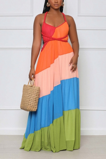 s-2xl summer new plus size three colors contrast color patchwork inelastic chiffon backless self-tie sexy maxi dress