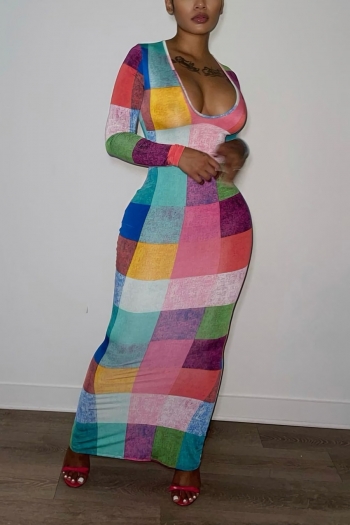 summer new stylish multicolor lattice batch printing crew neck long sleeve stretch slim sexy maxi dress