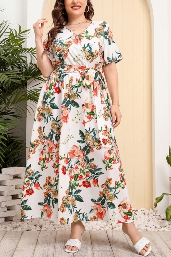 xl-5xl summer new plus size two colors allover flower batch printing slight stretch v-neck casual maxi dress with belt