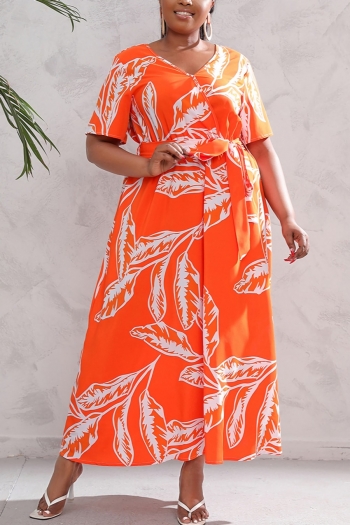 xl-5xl summer new plus size orange allover leaf batch printing slight stretch v-neck casual maxi dress with belt