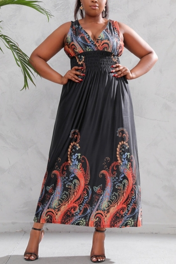 xl-5xl summer new plus size ethnic style printing stretch v-neck backless stylish casual maxi dress