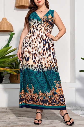 xl-5xl summer new plus size ethnic style leopard printing stretch v-neck backless stylish casual maxi dress