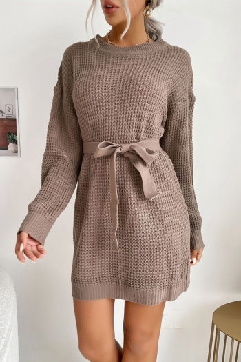 autumn & winter new stylish solid color stretch long sleeves knitted with belt casual mini dress