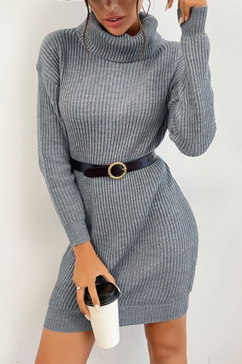 autumn & winter new stylish solid color stretch high neck long sleeves knitted casual mini dress(without belt)