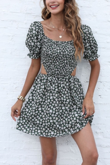 summer new floral printing non-stretch hollow out stylish sexy vacation style mini dress