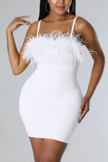 s-2xl summer new plus size two colors rhinestone chain tassel feather decor high stretch backless adjustable straps zip-up sexy bodycon mini dress