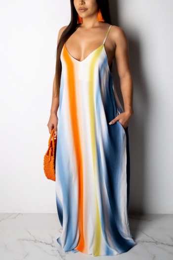 s-2xl plus size summer new stylish stretch stripe printing pocket sling backless sexy maxi dress
