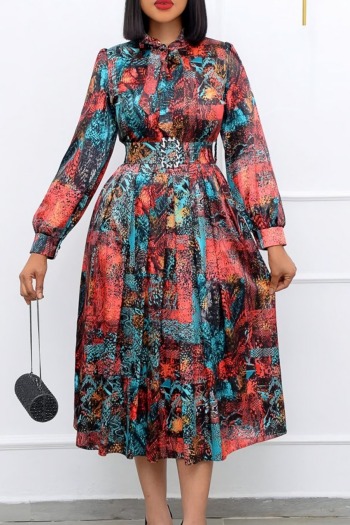 s-3xl plus size spring & summer new 2 colors batch printing inelastic long sleeve v-neck tie-neck buckle lace up zip-up stylish casual midi dress(with belt)