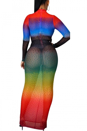 S-2XL autumn new plus size gradient color rhinestone decor see through mesh high stretch long sleeves zip-up back sexy slim maxi dress (without lining)