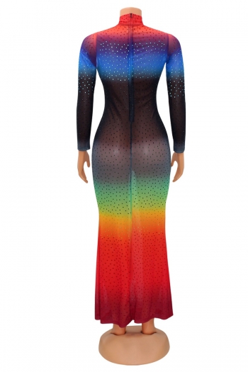S-2XL autumn new plus size gradient color rhinestone decor see through mesh high stretch long sleeves zip-up back sexy slim maxi dress (without lining)