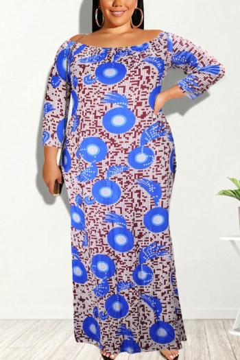 l-5xl plus size spring new batch printing stretch three quarter sleeves off-the-shoulder loose casual maxi dress