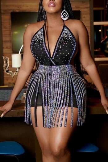 s-2xl summer new plus size rhinestone tassel decor high stretch deep v halter-neck lace-up sexy mini dress
