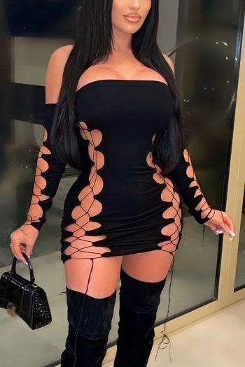 s-2xl summer new plus size pure color high stretch off shoulder hollow out lace-up long sleeves sexy bodycon mini dress