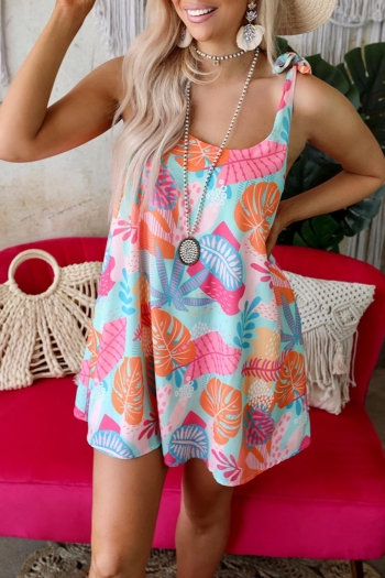 s-2xl plus size summer new leaf batch printing inelastic strappy lace up swing stylish casual mini dress