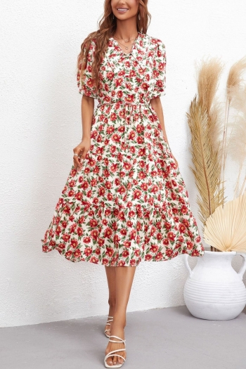summer new stylish floral batch printing inelastic beaded decor single-breasted with belt casual midi dress