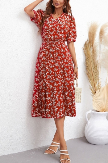 summer new stylish inelastic floral batch printing with belt single-breasted beaded decor casual midi dress