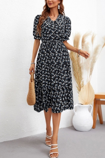 summer new stylish floral batch printing inelastic single-breasted beaded decor with belt casual midi dress