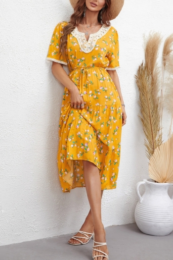 summer new 3 colors inelastic floral batch printing lace-up short sleeves lace casual midi dress