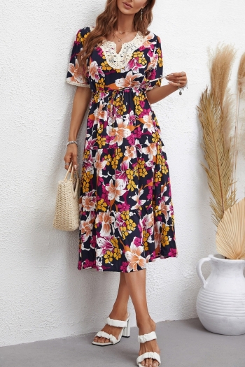 summer new stylish inelastic floral batch printing short sleeves with belt loose casual midi dress