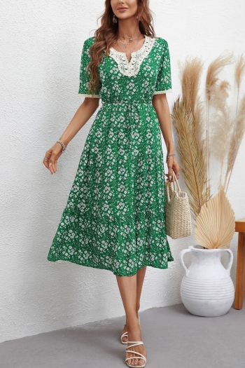 summer new two colors inelastic floral batch printing lace with belt loose stylish midi dress