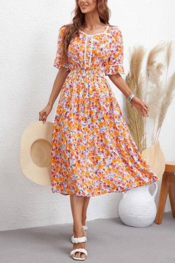 summer new stylish inelastic floral batch printing elbow sleeves casual midi dress
