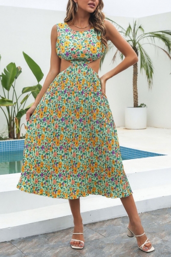 summer new two colors floral batch printing inelastic chiffon hollow sexy vacation style midi dress