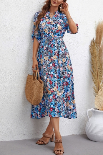 summer new 3 colors inelastic flower batch printing single-breasted with belt loose stylish midi dress