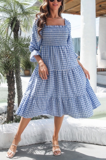summer new two colors plaid printing non-stretch square-neck lace-up stylish casual vacation style midi dress