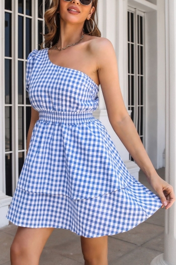 summer new three colors plaid printing non-stretch one shoulder casual vacation style mini dress