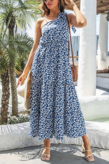 summer new two colors floral batch printing non-stretch one shoulder lace-up stylish casual vacation style maxi dress