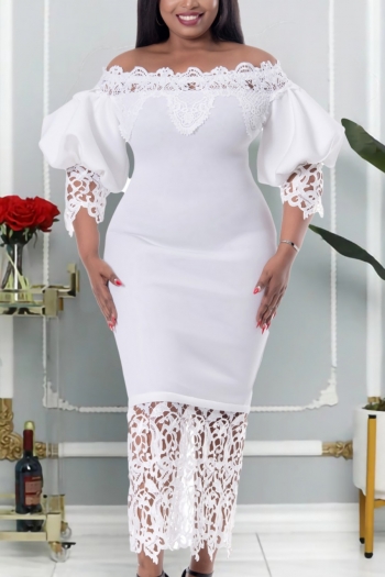 s-3xl plus size spring & summer new lace solid color patchwork stretch puff sleeve off-the-shoulder bodycon styish sexy midi dress