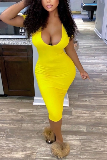 s-2xl plus size summer new 5 colors solid color stretch deep-v-neck slim sexy midi dress