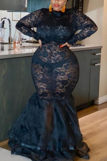 l-4xl plus size lace mesh patchwork sterch long sleeve slim stylish sexy mermaid maxi dress(without lining)