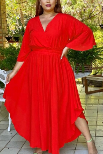 l-4xl plus size summer new 3 colors solid color stretch trumpet sleeve deep-v-neck smocked shirring irregular stylish casual maxi dress