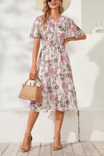 s-2xl plus size summer new stylish floral batch printing v-neck ruffle inelastic casual midi dress