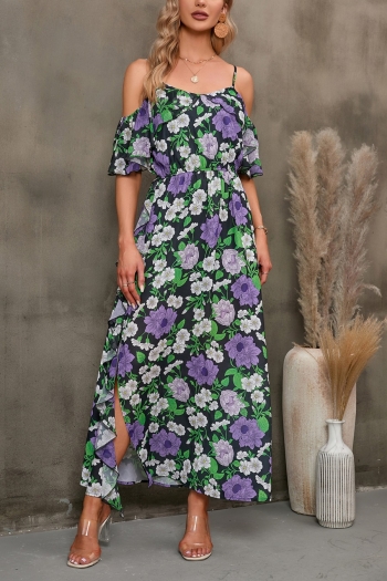 s-2xl plus size summer new stylish flower batch printing off shoulder inelastic slit casual maxi dress