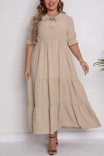 xl-5xl plus size summer new 2 colors solid color inelastic short sleeve tie-neck ruffle swing stylish simple maxi dress