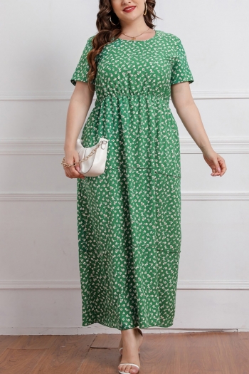xl-5xl plus size summer new floral batch printing inelastic short sleeve crew neck ruffle stylish casual maxi dress