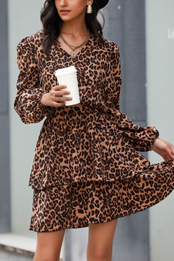 Spring & summer new leopard printing inelastic long sleeve v-neck ruffle stylish casual mini dress