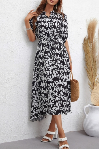summer new stylish inelastic floral & leaf batch printing with belt single-breasted casual midi dress