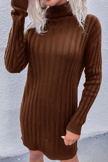 winter new stretch solid color high neck long sleeves stylish mini sweater dress(no belt)