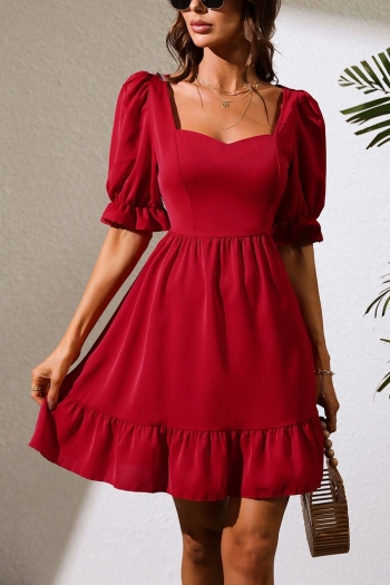 summer new solid color inelastic short sleeve square neck frill trim shirring swing stylish simple a-line mini dress