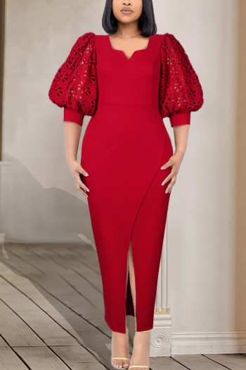 s-4xl plus size summer new stylish patchwork stretch slit lantern sleeve zip-up high quality elegant maxi dress