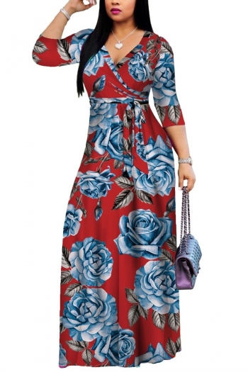s-3xl plus size summer new 4 colors stretch flower batch printing three quarter sleeves with belt casual maxi dress
