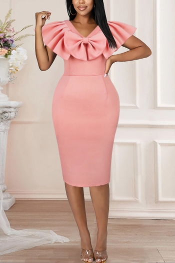 s-4xl plus size summer new stylish solid color bow tie ruffle stretch slit zip-up high quality elegant midi dress
