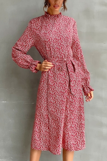 autumn new floral batch printing inelastic long sleeve frill trim lace up swing stylish casaul midi dress(with belt)