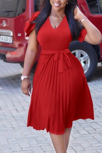 s-2xl plus size summer new 4 colors micro-elastic short sleeve v-neck lace up pleated zip-up stylish classic midi dress